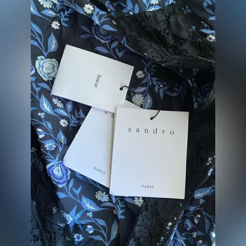 SANDRO  Paris  Womens Sz34 XS Black Blue Floral Silk Heart Romper Jumpsuit NWT - Picture 16 of 16